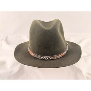 VINTAGE STETSON Fedora Hat Moss Green Wool Fur Blend XL Made in USA w/ Feather